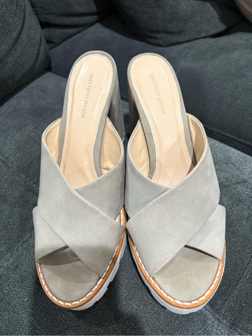 Saks Fifth Avenue Light Gray Suede Crisscross Slide Mules